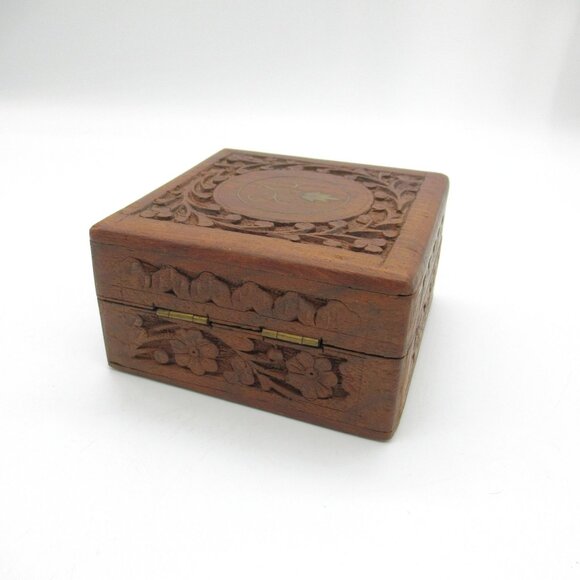 Vintage Hand-Carved Rosewood Stash & Jewelry Box With Brass Inlaid Leaf & Floral - Picture 3 of 13